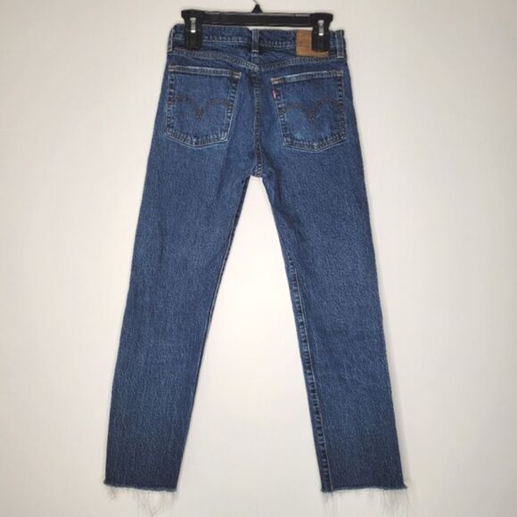 Levi's Wedgie Straight Medium Blue Denim Jeans Raw Hem 27 - Picture 4 of 9